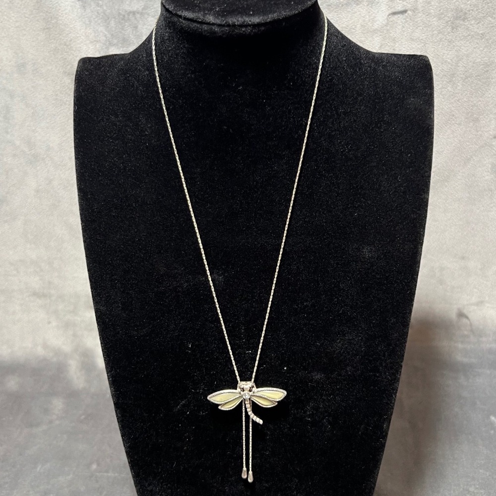 Vintage 1928 Jewelry Dragonfly Lariat Slider Necklace Cream Enamel 20in